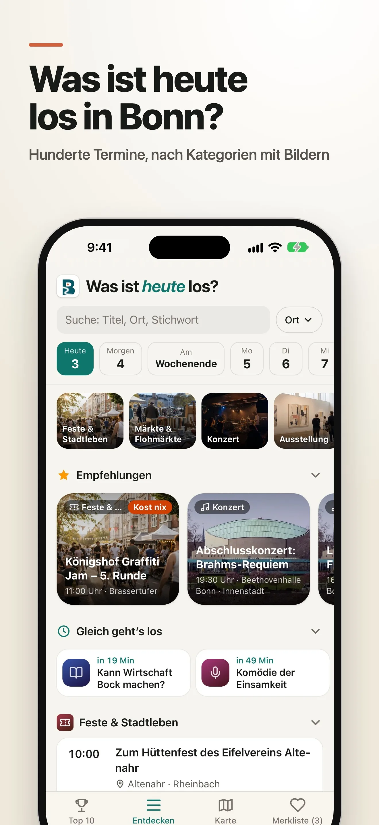 App-Screenshot: Entdecken mit Tagesauswahl, Kategorien mit Bildern und Empfehlungen