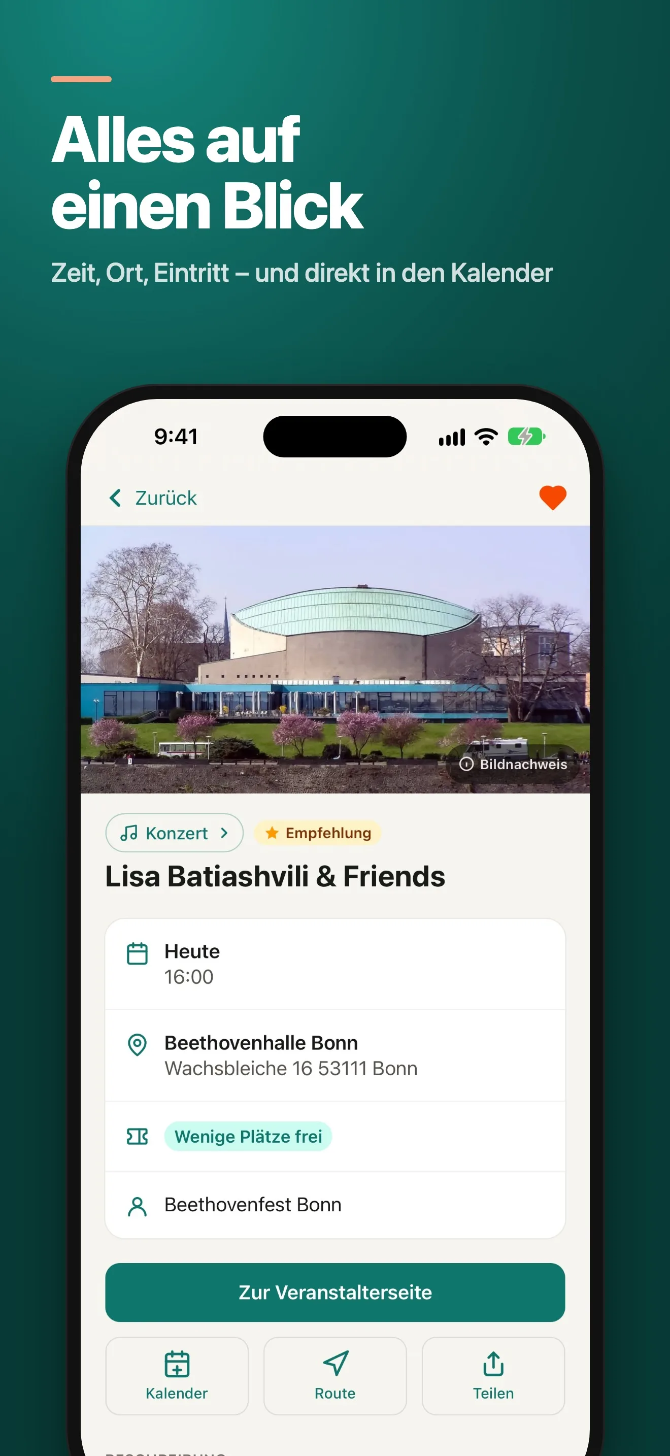 App-Screenshot: Veranstaltungsdetails mit Foto, Kalender-, Routen- und Teilen-Funktion