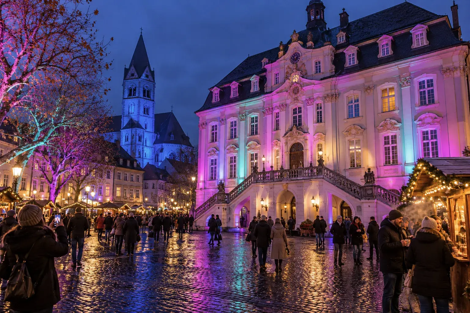 Farbig angestrahlte barocke Rathausfassade und Kirchturm über einem regennassen Platz mit Besuchern am Abend