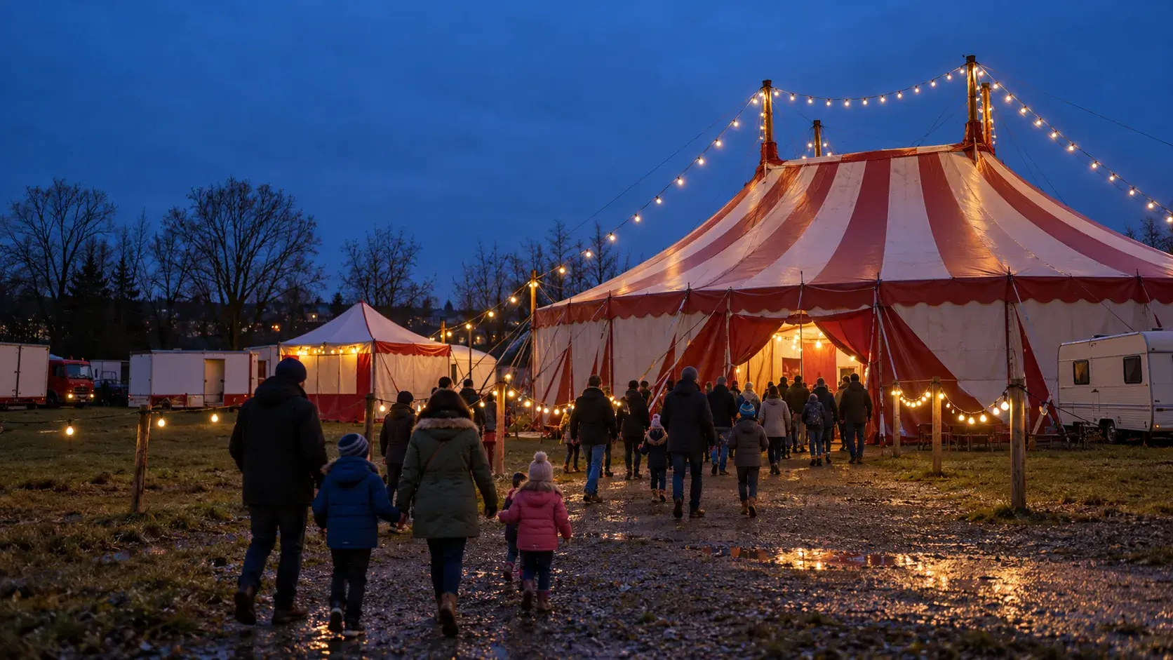 Familien gehen am Winterabend über eine Festwiese zum beleuchteten rot-weißen Circuszelt