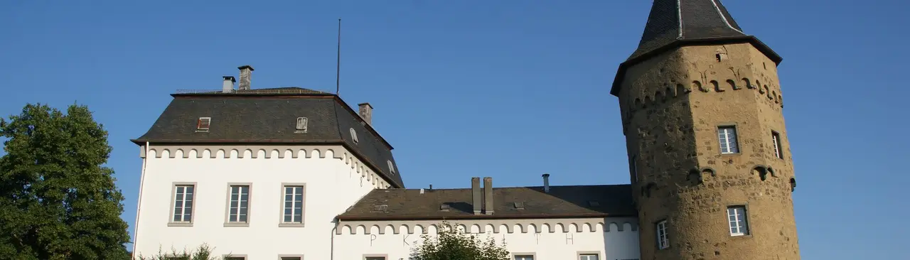 Burg Linz mit ihrem Rundturm über den Dächern von Linz am Rhein