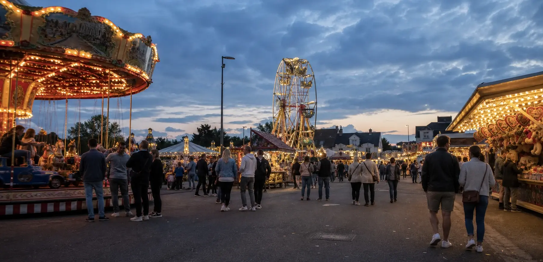 Beleuchtete Fahrgeschäfte und Buden auf einem Kirmesplatz am Abend