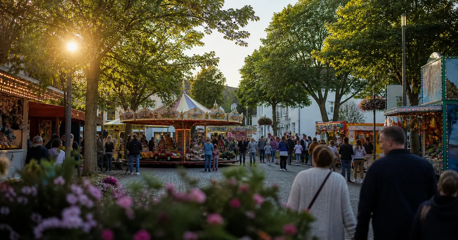 Kleine Kirmes mit Kinderkarussell und beleuchteten Buden auf einem begrünten Dorfplatz