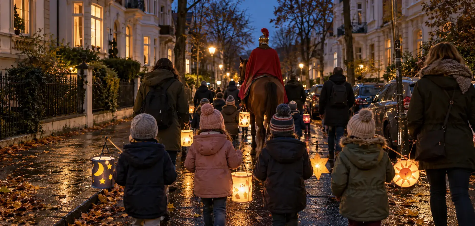 Kinder mit leuchtenden Laternen folgen am Abend Sankt Martin auf dem Pferd durch eine Straße mit Altbauten
