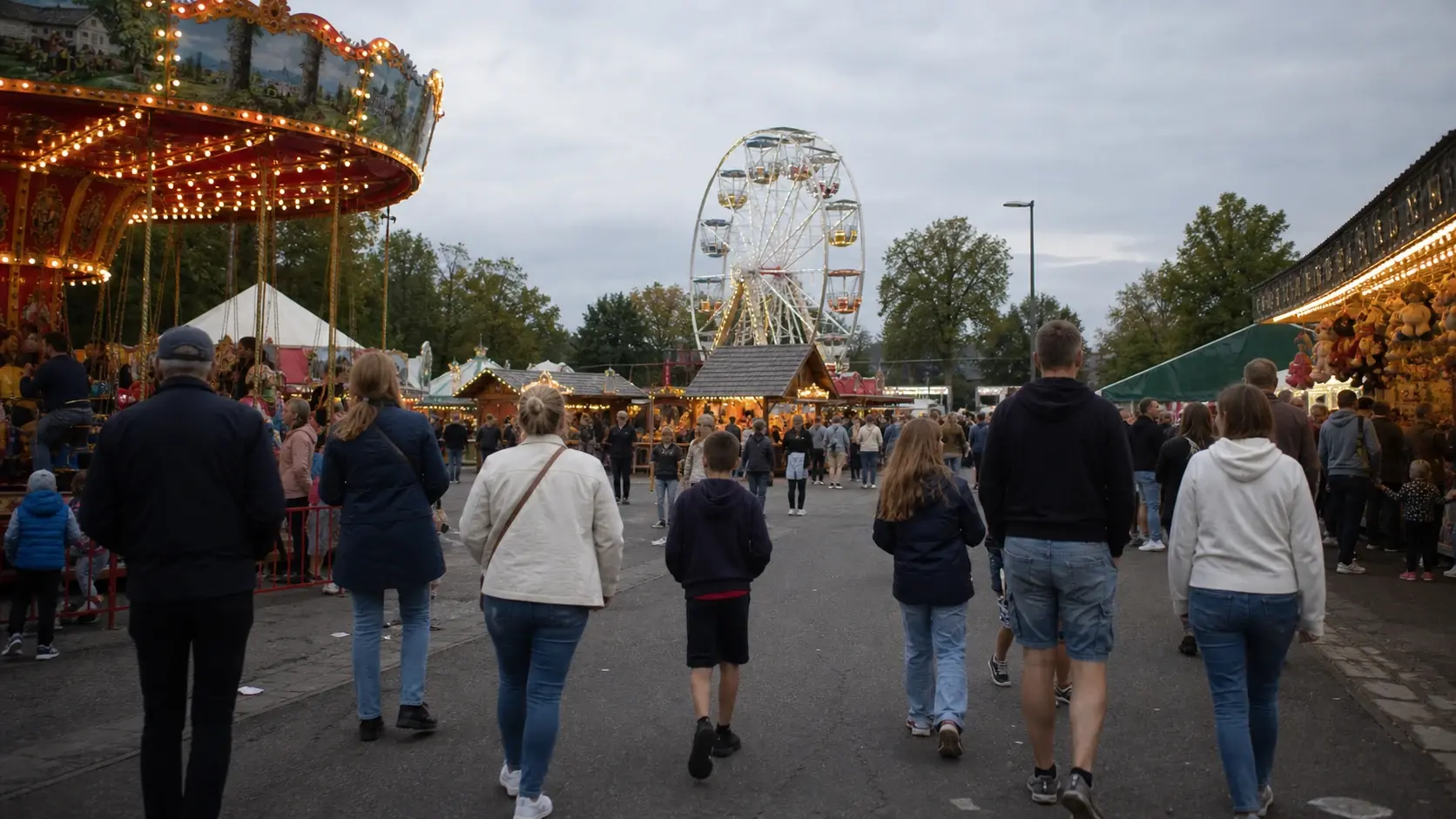 Besucherinnen und Besucher zwischen Fahrgeschäften und Buden auf einem abendlichen Jahrmarkt