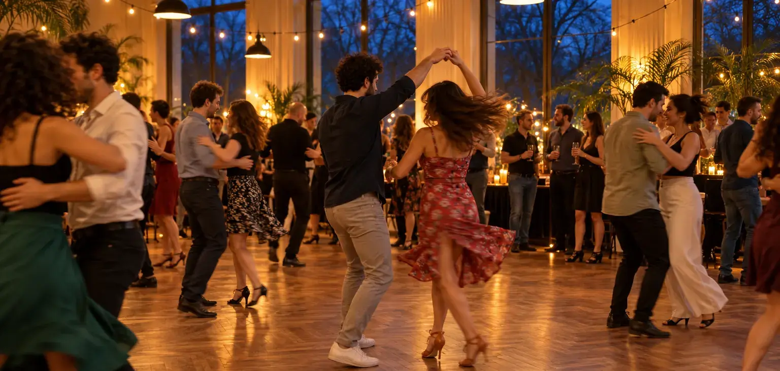 Paare tanzen Salsa auf einem Parkettboden in einem warm beleuchteten Saal, draußen dämmert es