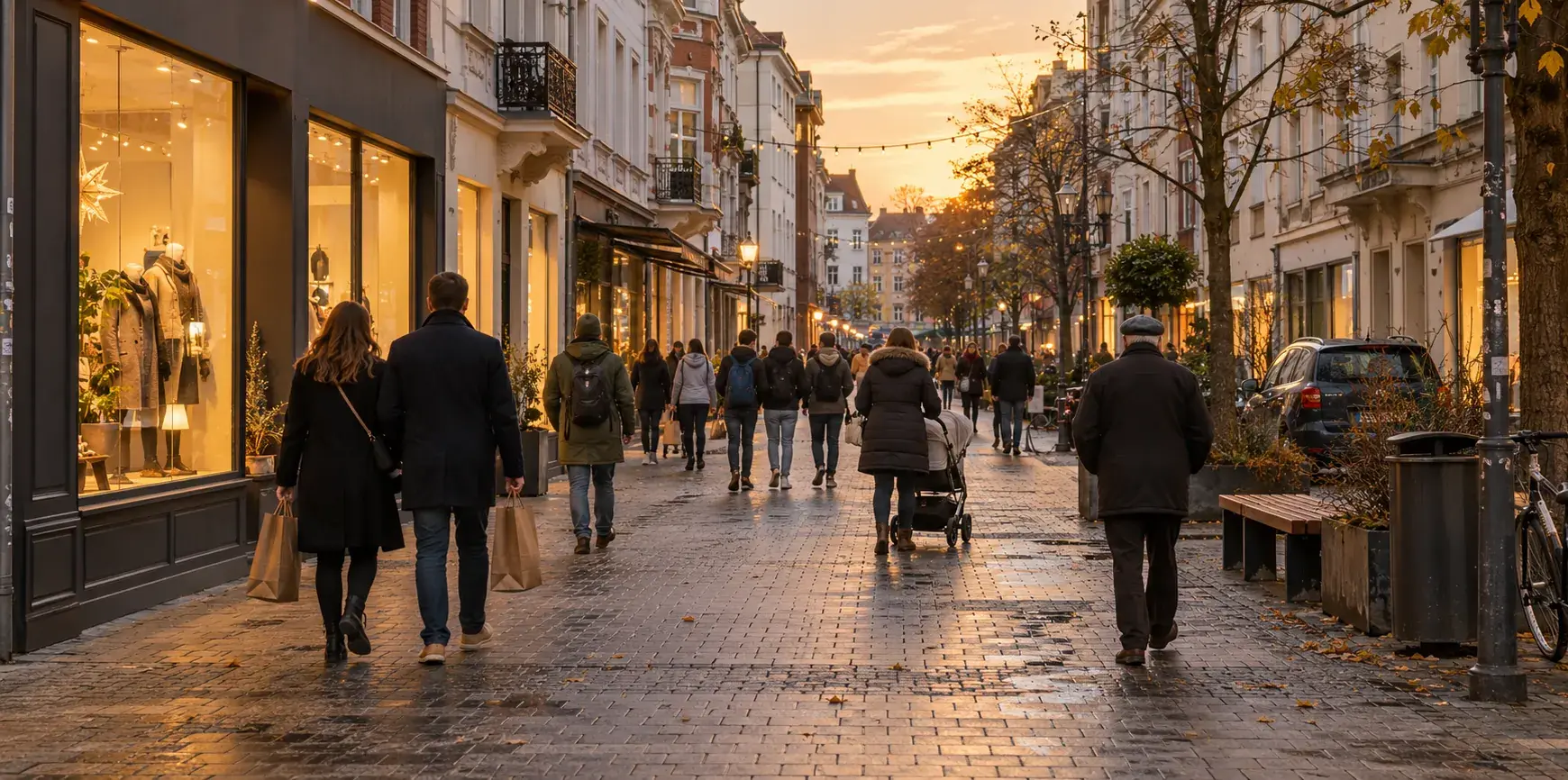 Menschen mit Einkaufstüten bummeln am späten Nachmittag durch eine Fußgängerzone mit beleuchteten Schaufenstern