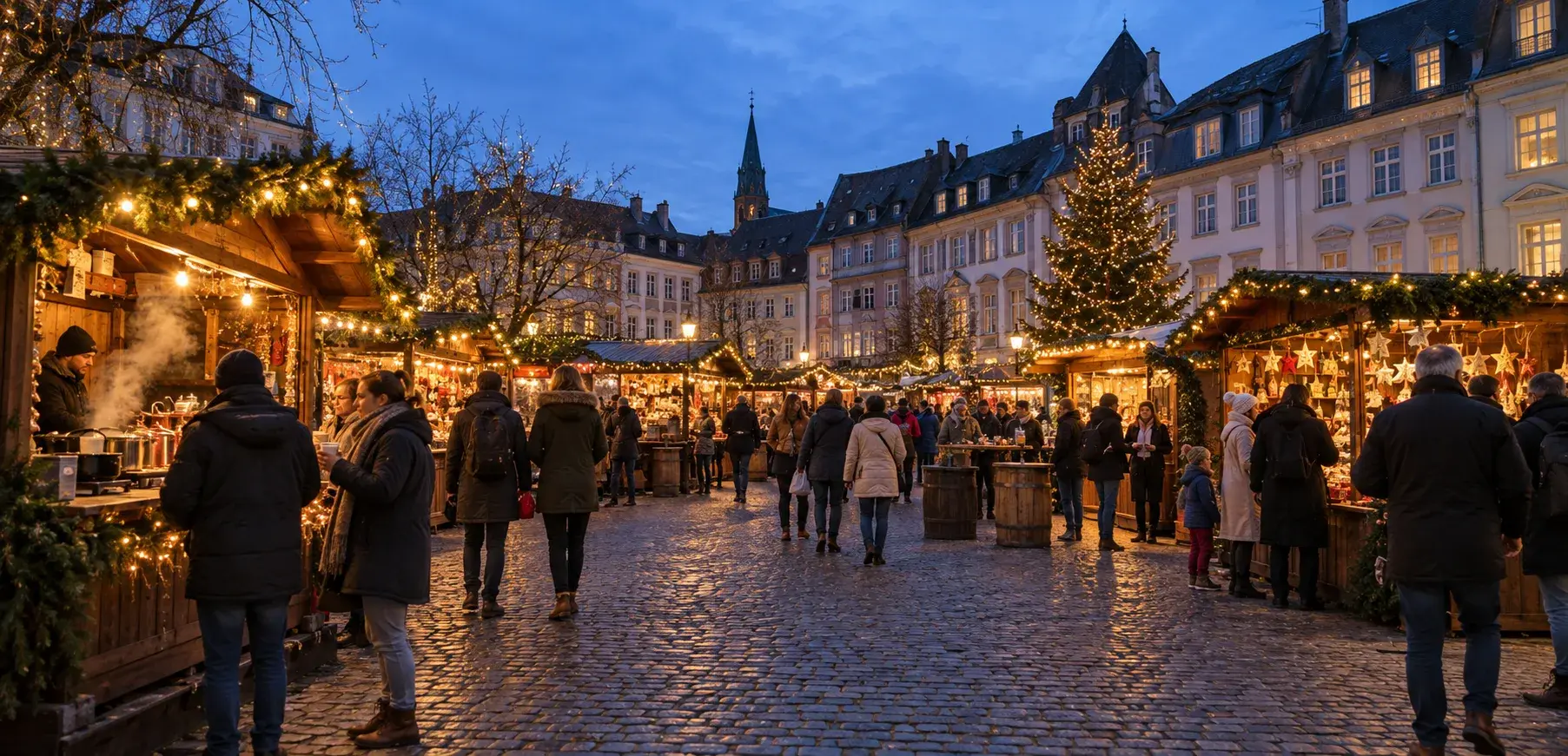Weihnachtsmarkt am Abend mit beleuchteten Holzbuden, Weihnachtsbaum und Besuchern auf Kopfsteinpflaster
