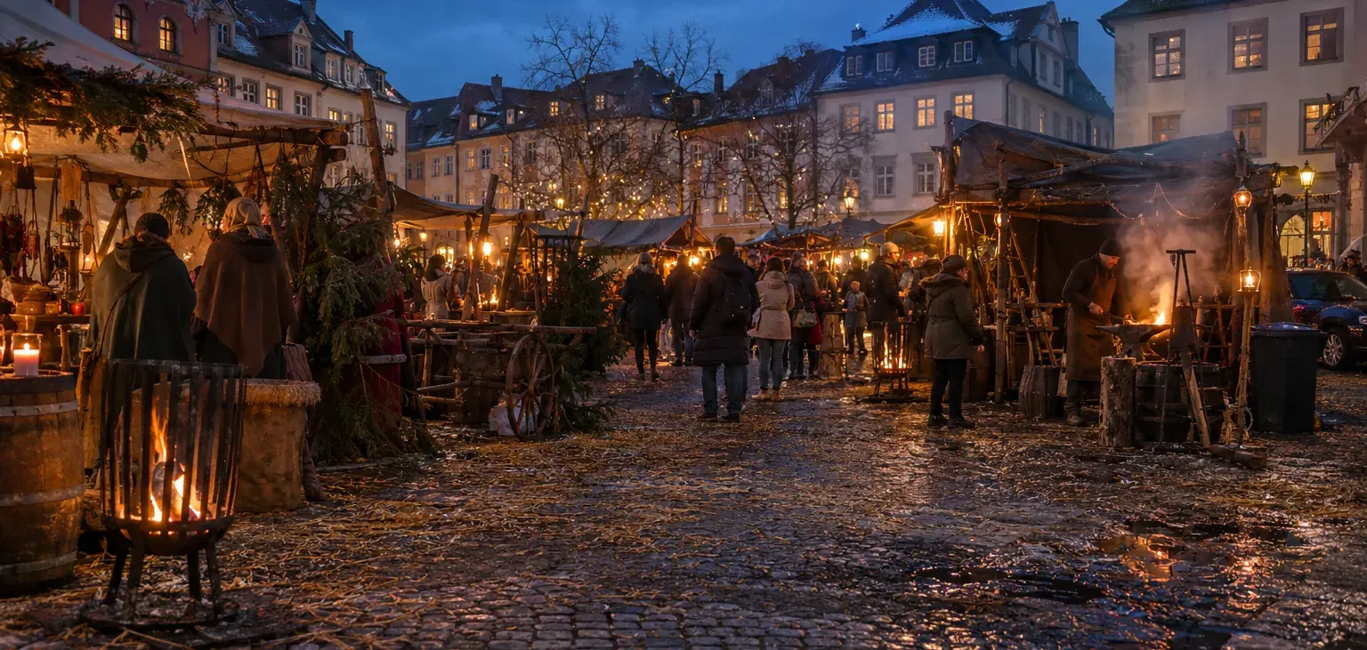Mittelalterlicher Weihnachtsmarkt in der Abenddämmerung mit Holzständen, Feuerkorb, Schmiede und Besuchern auf Kopfsteinpflaster